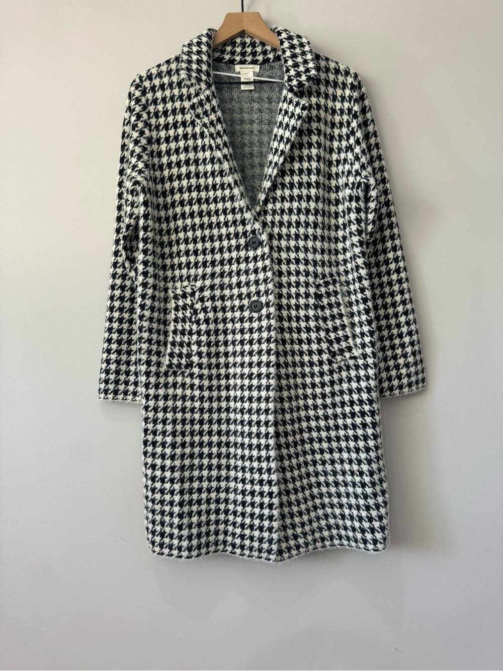 Max Studio Houndstooth Knit Sweater Blazer Coat - Black & White Long Line Medium